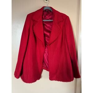 Ellen Tracy Red Tweed Blazer | Size 20 | Open Front Fringe Trim | Chanel Vibe